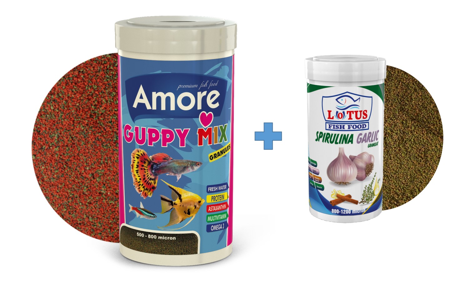 Amore Guppy Mix 1000ml + Lotus Spirulina Garlic 250ml Tropikal Balık Yemi