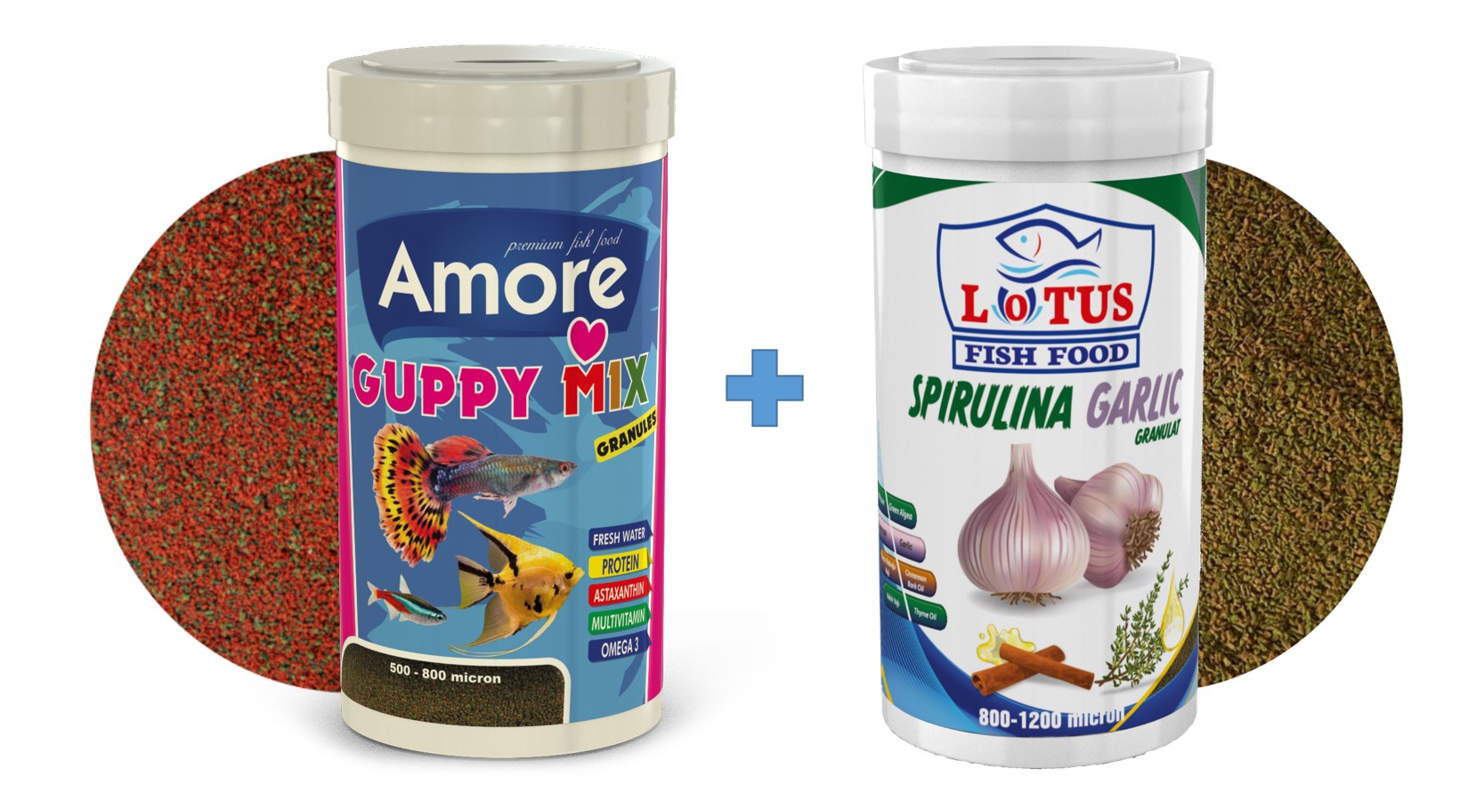 Amore Guppy Mix Granules 250ml ve Lotus Spirulina Garlic 250ml Tropikal Balık Yemi