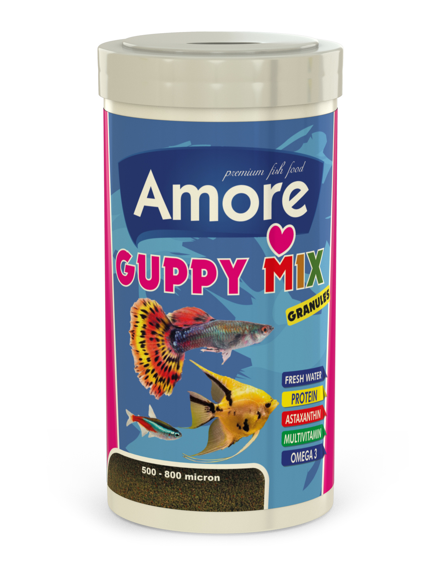 Amore Guppy Mix Granules 250ml ve Lotus Spirulina Garlic 250ml Tropikal Balık Yemi