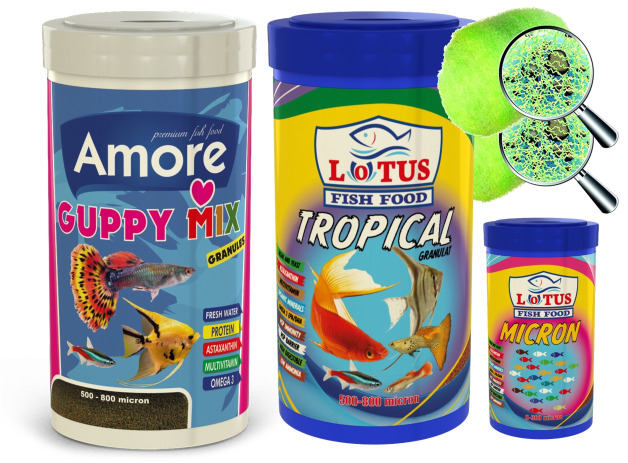 Amore Guppy Mix 250ml, Lotus Tropical Granulat 250ml, Micron 100ml Yavru Yemi, Sera Crystal Clear 2 Adet