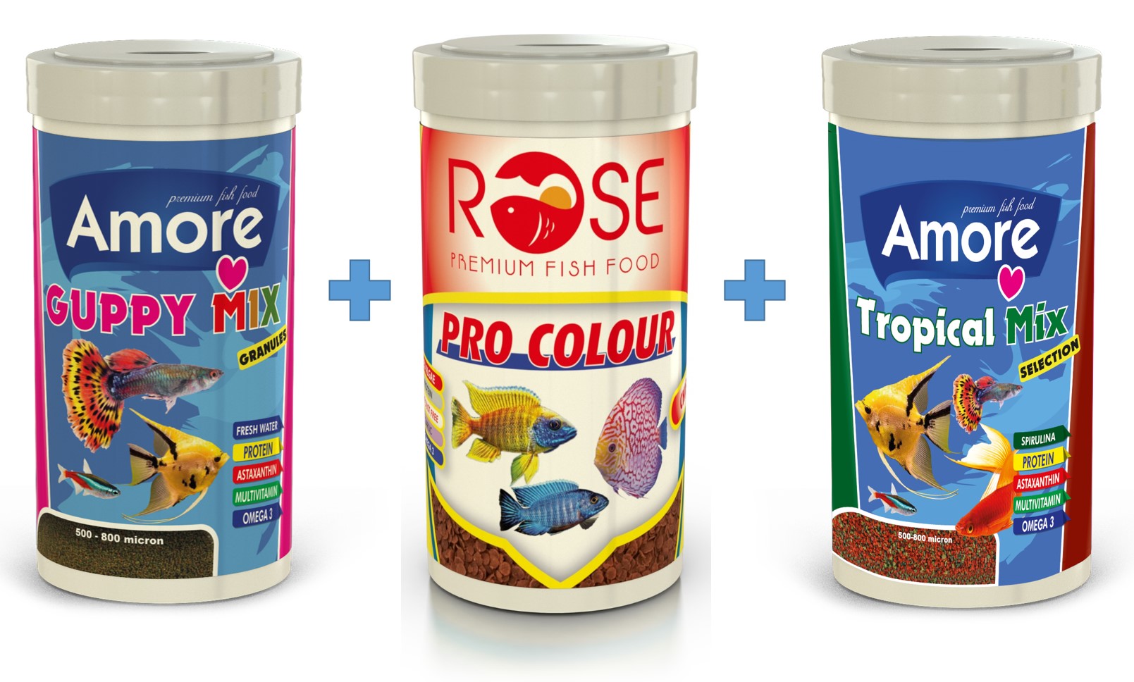Amore Guppy Mix 250ml + Pro Colour Chips 250ml + Tropical Selection 250ml Tropikal Balık Yemi