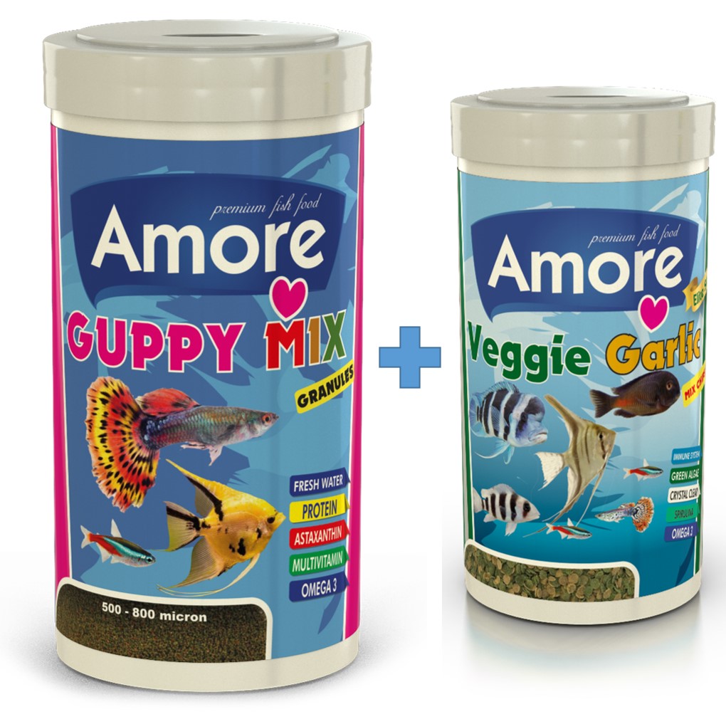 Amore Guppy Mix Granules 1000 ml + Elite Veggie Garlic 250 ml Kutu Tropikal Akvaryum Balık Yemi