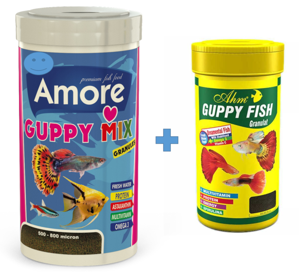 Amore Guppy Mix Granules 1000ml Kutu ve Ahm Guppy 250ml Kutu