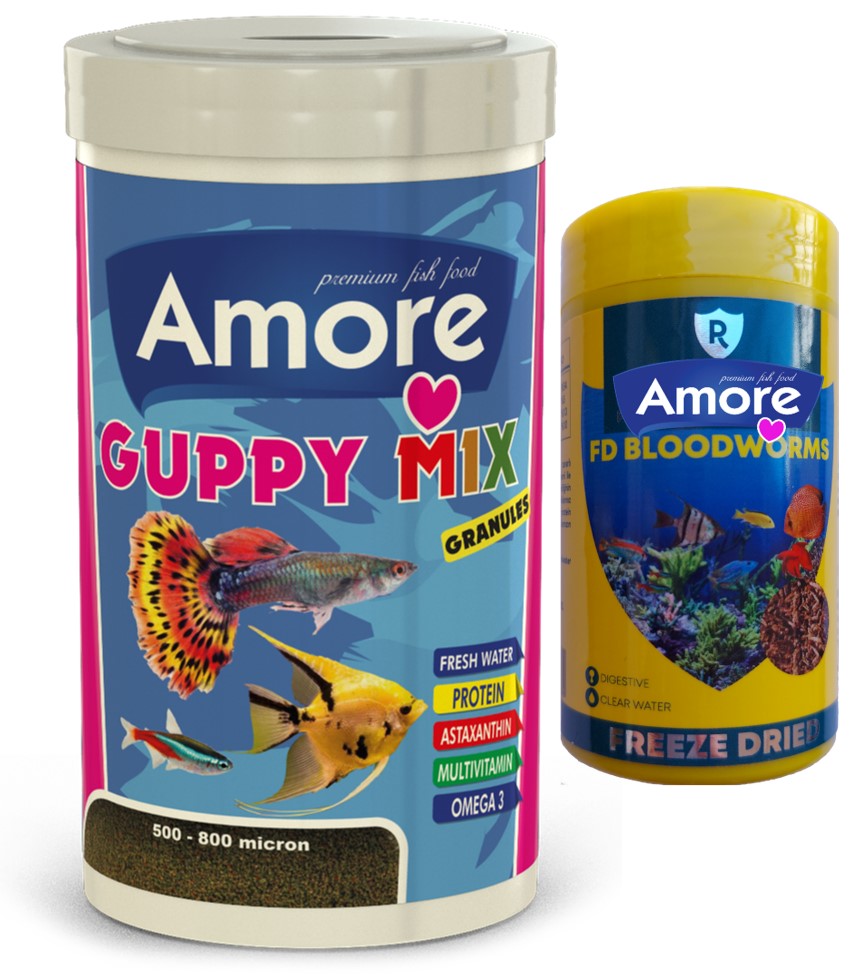 Amore Guppy Mix Granules 1000ml ve Bloodworms 100ml Tropikal Balık Yemi