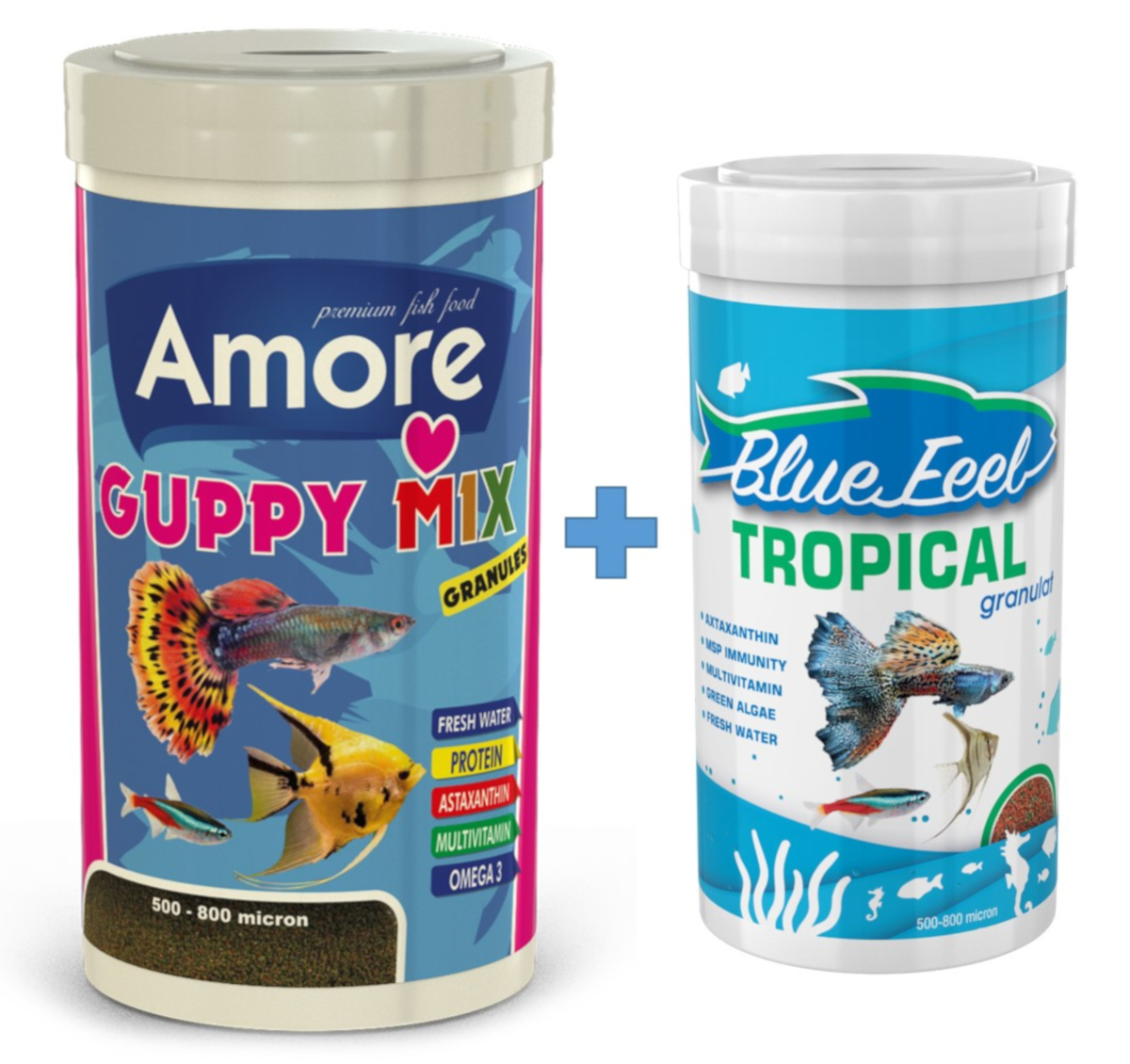 Amore Guppy Mix Granules 1000ml + Bluefeel Tropical Granulat 250ml Kutu Tropikal Balık Yemi