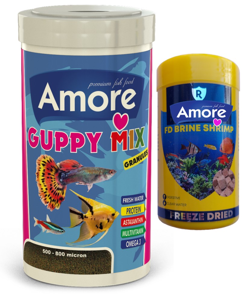 Amore Guppy Mix Granules 1000ml ve Brine Shrimp 100ml Tropikal Balık Yemi