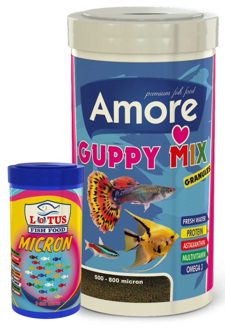 Amore Guppy Mix Granules 1000ml ve 100ml Lotus Micron Yavru Balık Yemi