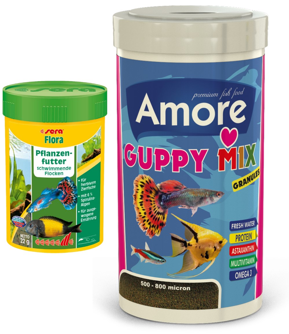 Amore Guppy Mix Granules 1000ml Ve Sera Flora 100ml Kutu Tropikal Yavru Balık Yemi