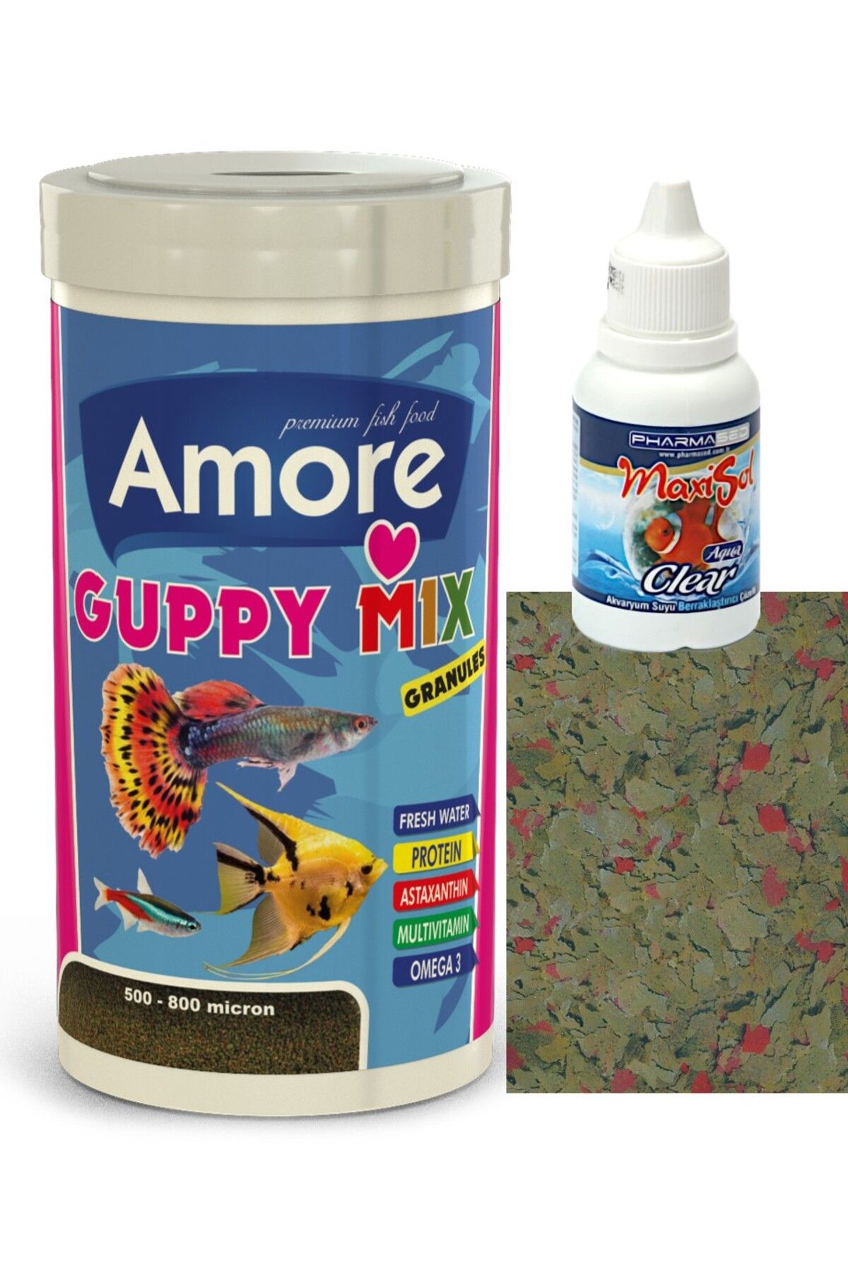 Guppy Mix Granules 1000ml, Sera Flora 30gr, Berraklastirici 30cc Akvaryum Balik Yemi