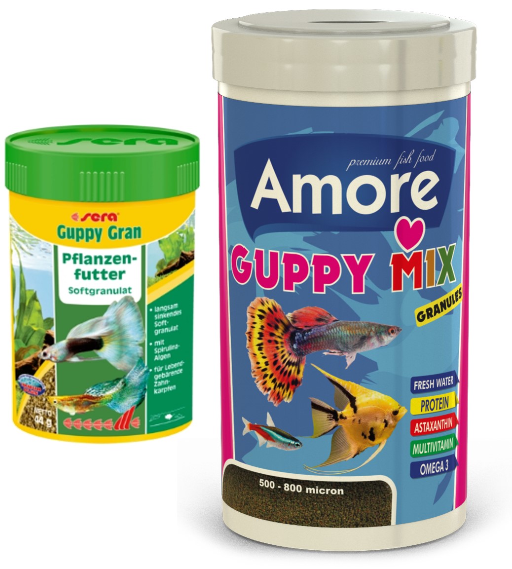 Guppy Mix Granules 1000ml ve Sera Guppy Gran 100ml Kutu Tropikal Yavru Balık Yemi