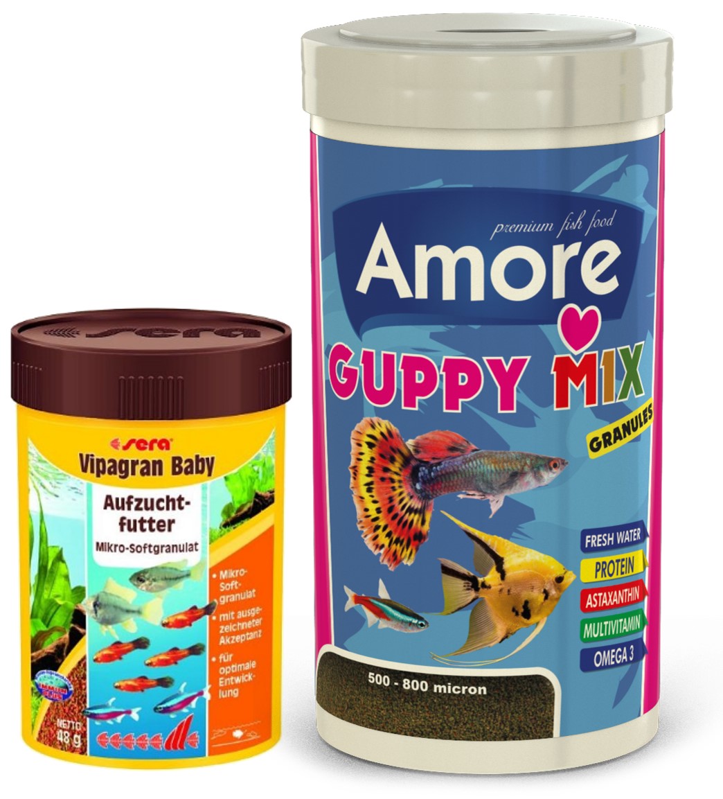 Guppy Mix Granules 1000ml ve Sera Vipagran Baby 100ml Kutu Tropikal Yavru Balık Yemi