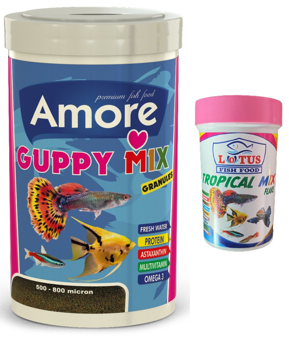 Amore Guppy Mix Granules 1000ml ve Tropical Flakes 100ml Kutu Balık Yemi