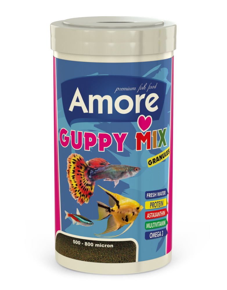 Amore Guppy Mix Granules 1000ml ve Tropical Flakes 100ml Kutu Balık Yemi
