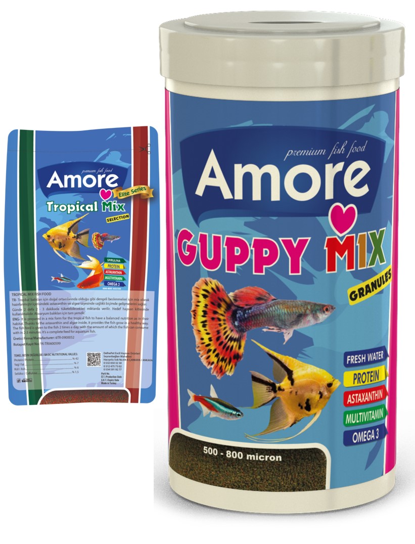 Amore Guppy Mix Granules 1000ml + Tropical Mix Selection 45g Poşet Tropikal Balık Yemi