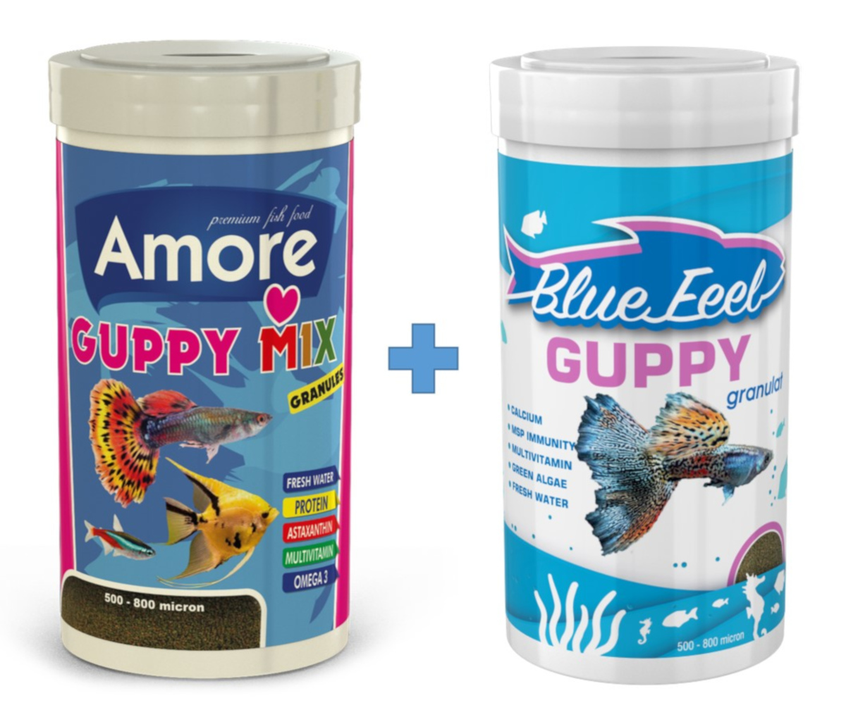 Amore Guppy Mix Granules 250 ml + BlueFeel Guppy Granulat 250 ml Kutu Tropikal Akvaryum Balık Yemi