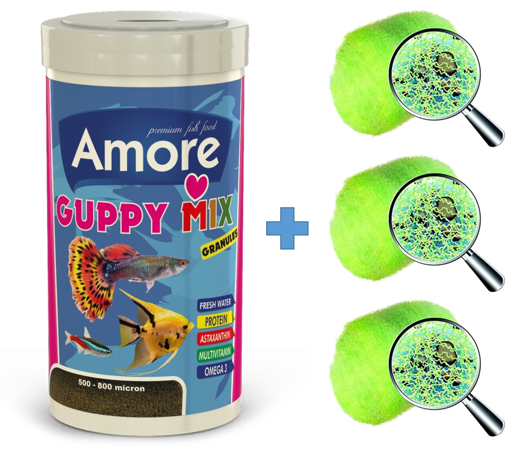 Amore Guppy Mix Granules 250 ml Tropikal Balık Yemi + Sera Crystal Clear 3 Adet Bioball Elyaf