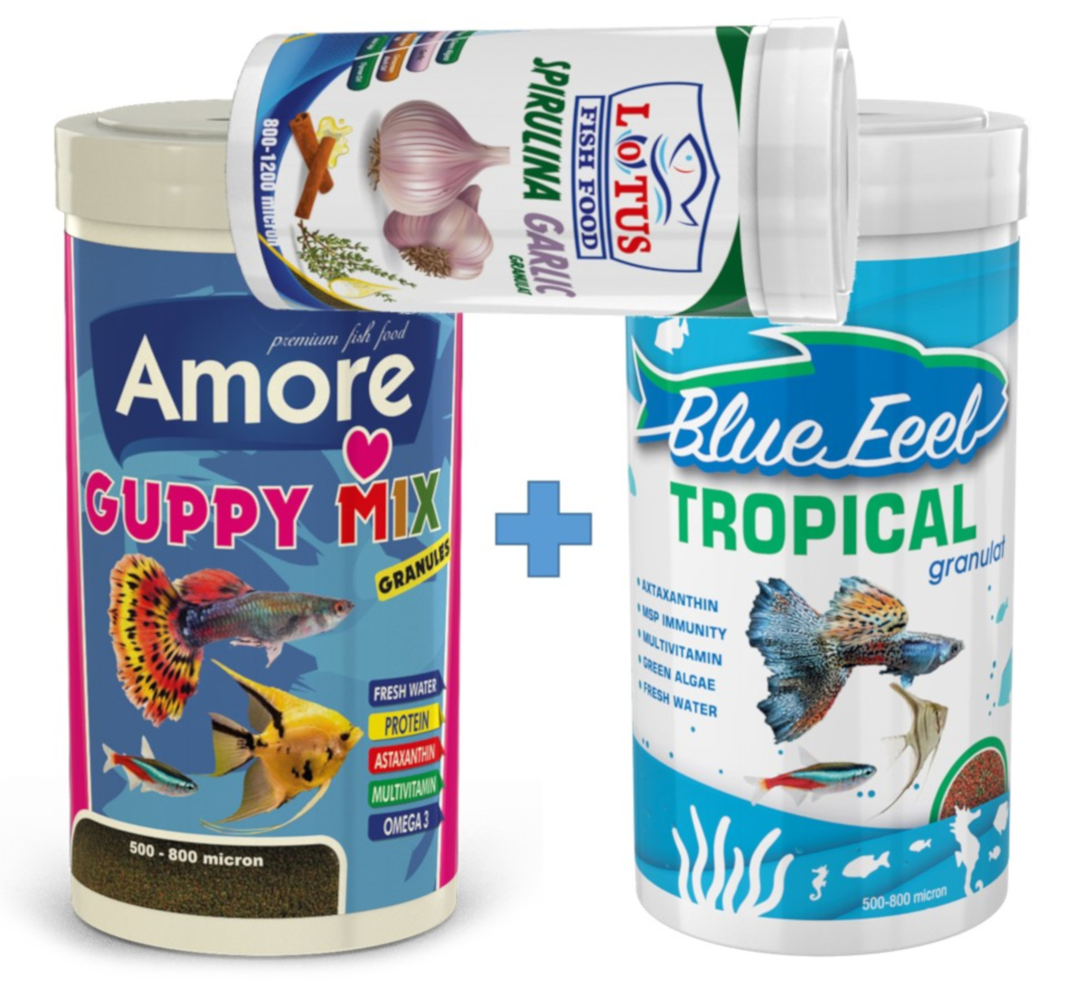 Amore Guppy Mix Granules 250ml Ve Bluefeel Tropical 250ml Ve Lotus Spirulina Garlic 100ml Kutu