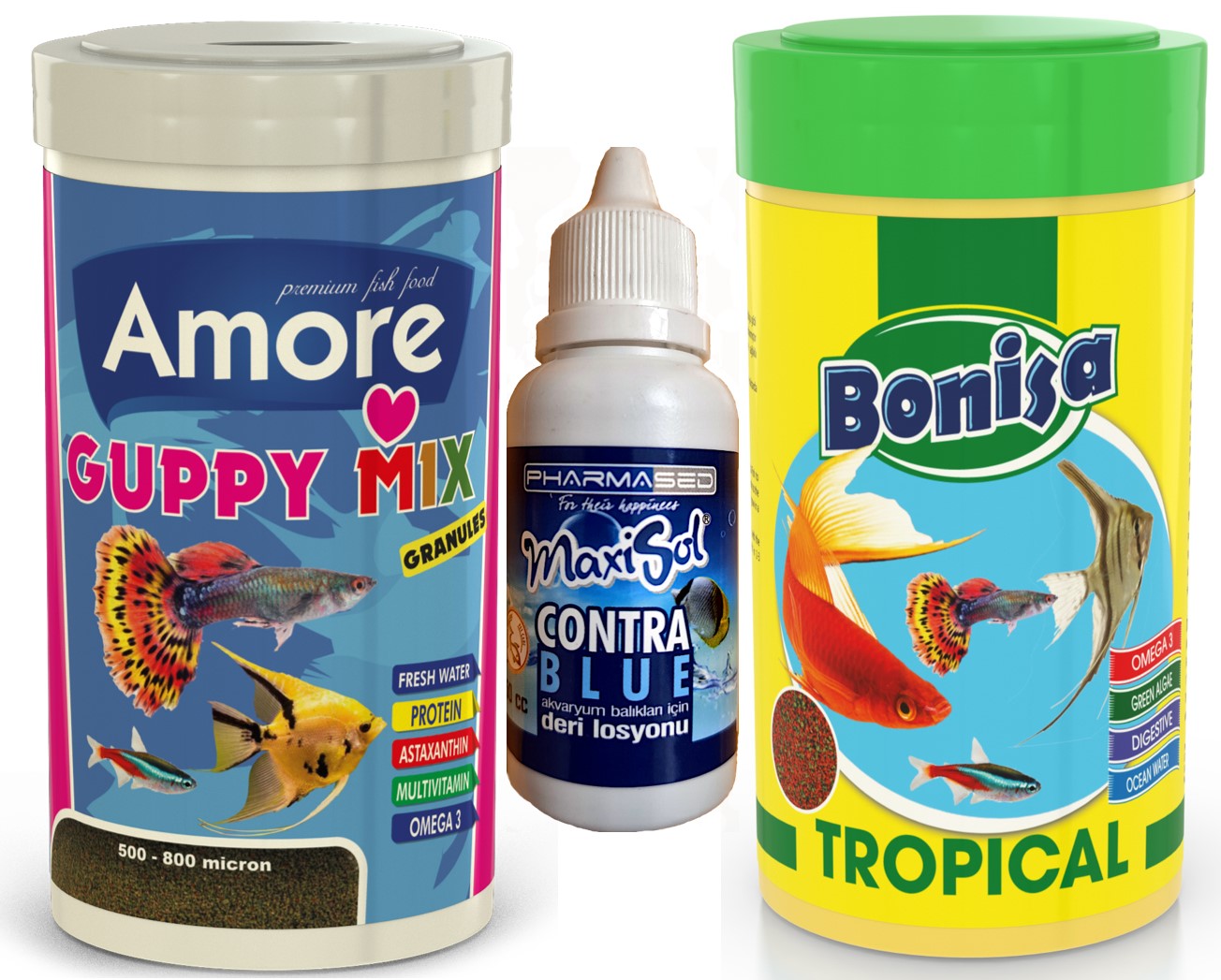 Amore Guppy Mix Granules 250ml Ve Bonisa Tropical 250ml Kutu Akvaryum Balık Yemi Ve Su Düzenleyici