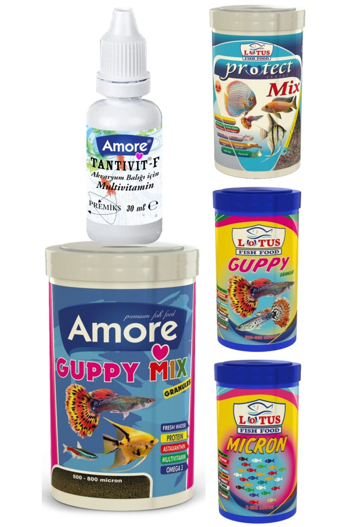 Guppy Mix Granules 250ml, Lotus 100ml, Micron 100ml, Protect Mix 100ml, Multivitamin