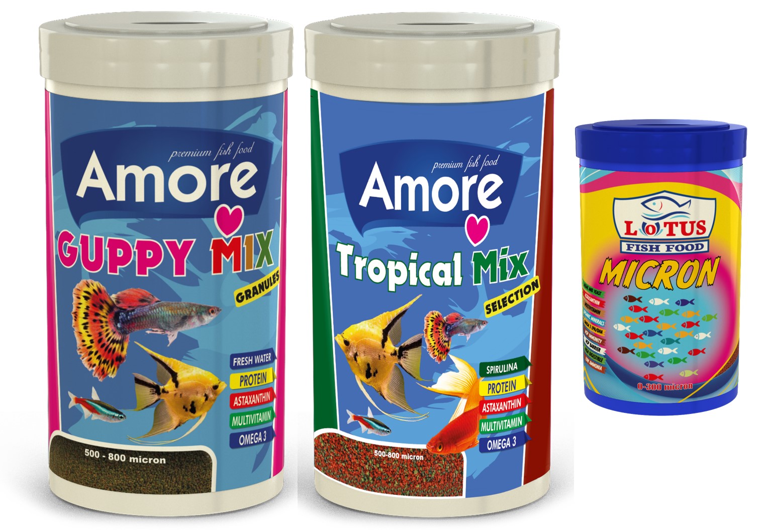 Amore Guppy Mix Granules 250ml ve Tropical Mix Selection 250ml ve Micron Yavru Balık Yemi