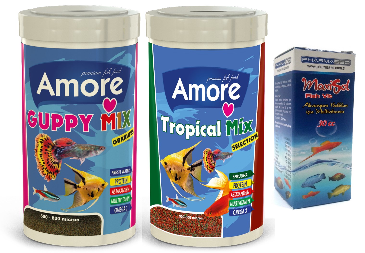 Amore Guppy Mix Granules 250ml ve Tropical Mix Selection 250ml Akvaryum Balık Yemi ve Vitamini