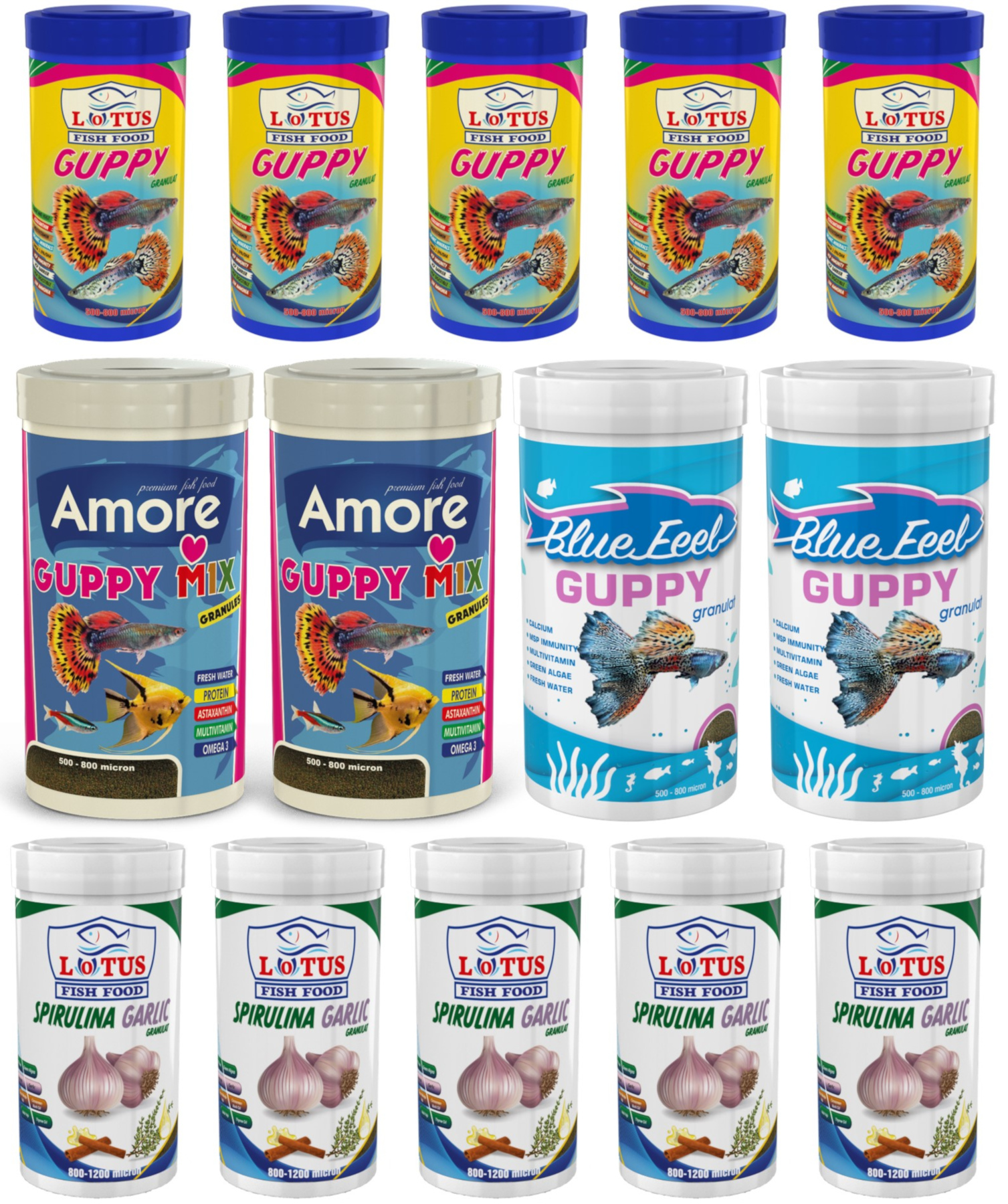 Guppy Mix Granules 2x250 ml + BlueFeel Guppy 2x250 ml + Lotus Tropical Seti 10x100 ml Kutu