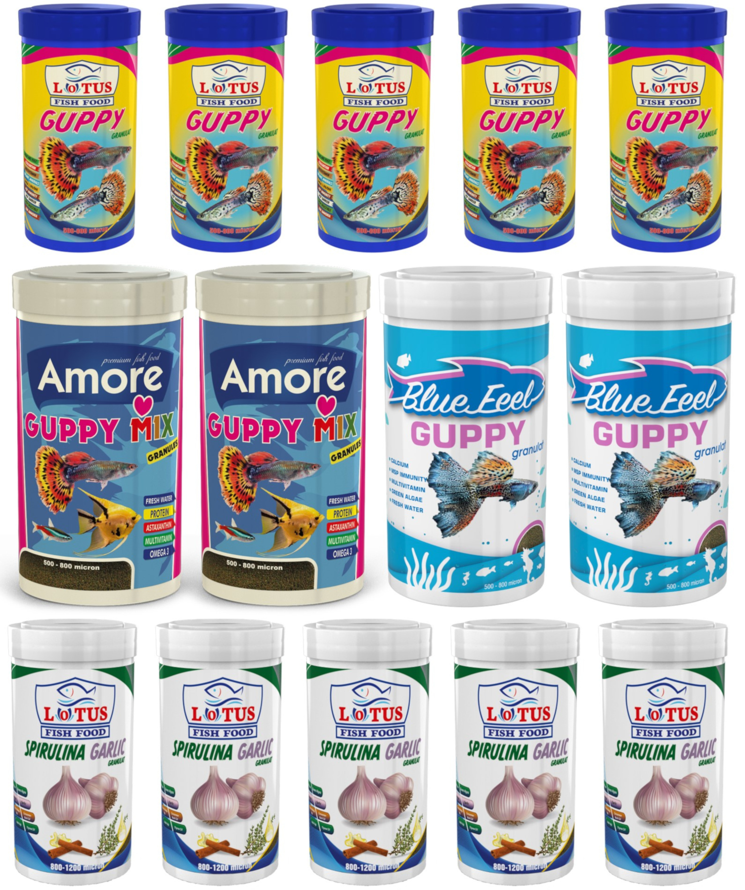 Amore Guppy Mix Granules 2x250 ml + BlueFeel Guppy 2x250 ml + Lotus Tropical Seti 10x100 ml Kutu