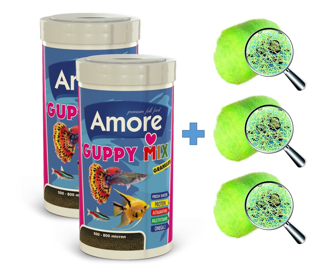 Amore Guppy Mix Granules 2x250 ml Tropikal Balık Yemi + Sera Crystal Clear 3 Adet Bioball Elyaf