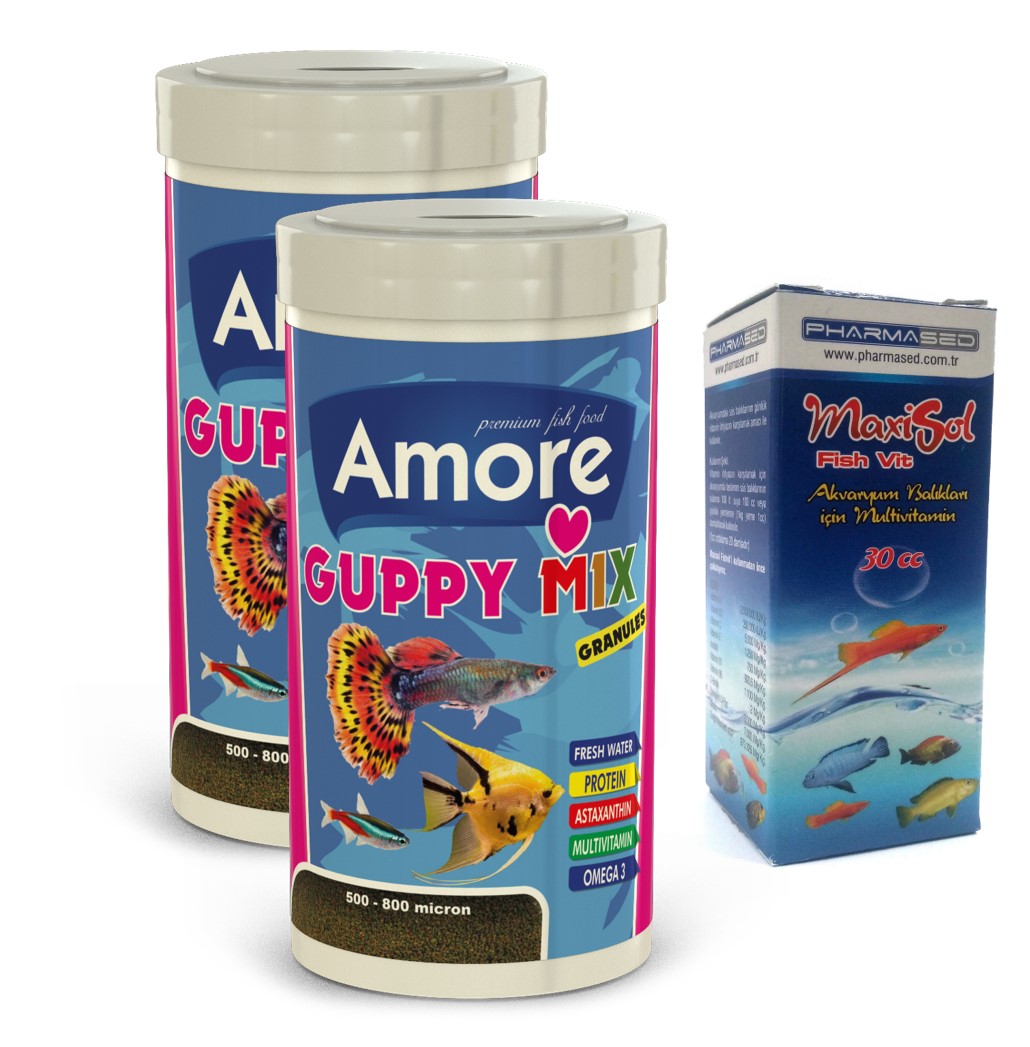 Amore Guppy Mix Granules 2x250ml Kutu Lepistes Tropikal Balık Yemi ve Vitamini