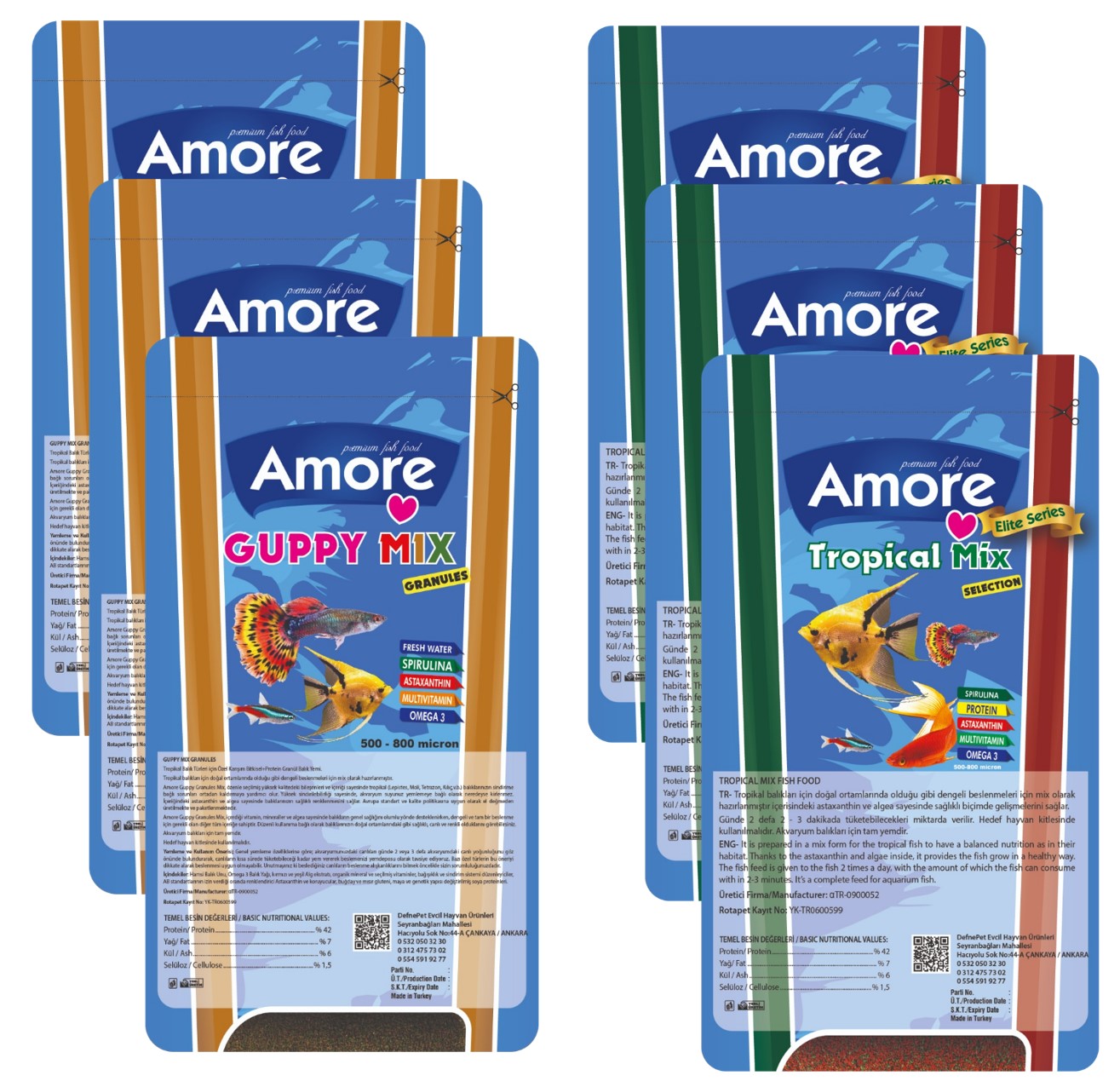 Amore Guppy Mix Granules 3x45 Gr Poşet + Tropical Mix Selection 3x45 Gr Akvaryum Balık Yemi