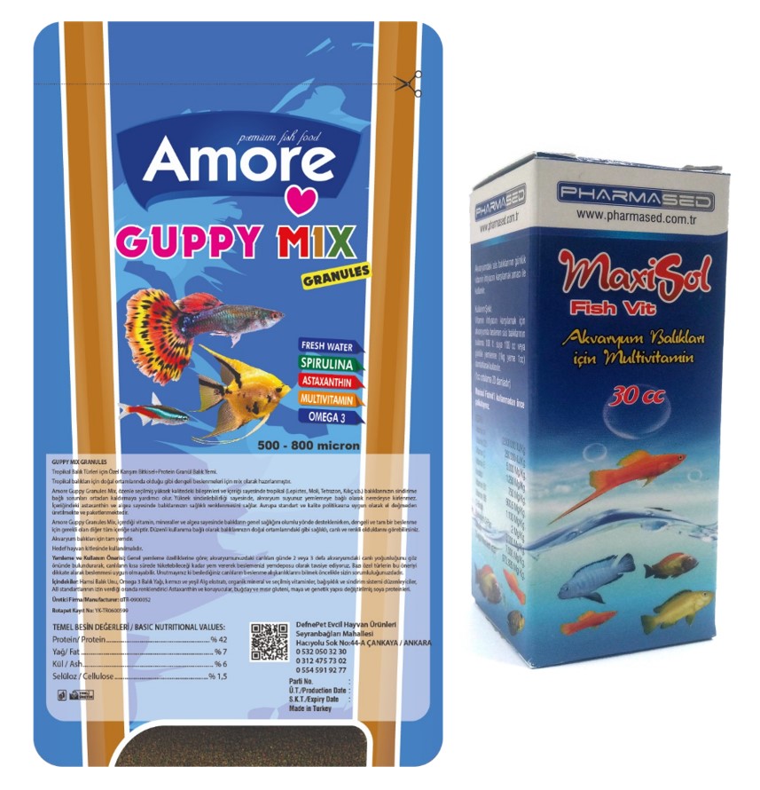 Amore Guppy Mix Granules 45 Gr Poşet Akvaryum Balık Yemi + Fishvit 30cc