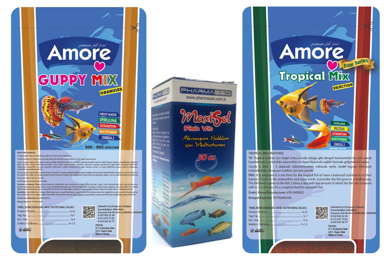 Amore Guppy Mix Granules Ve Tropical Mix Selection 45 Gr Akvaryum Balık Yemi Ve Fishvit