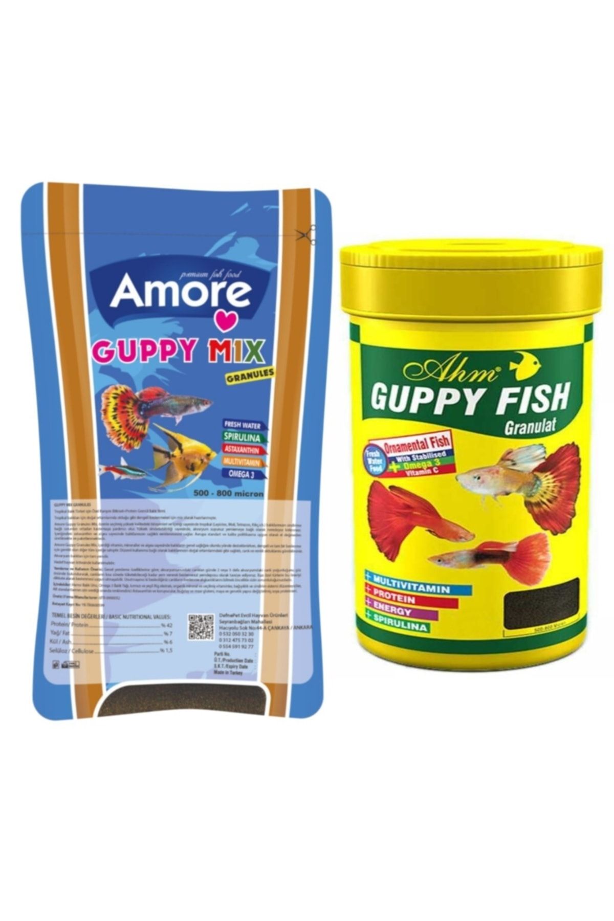 Amore Guppy Mix Granules 45gr Poset + Ahm Guppy Fish Granulat 100ml Tropikal Balik Yemi
