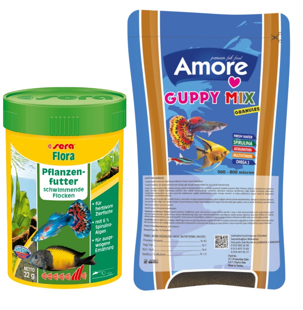 Amore Guppy Mix Granules 45gr Poşet ve Flora 100ml Kutu Tropikal Akvaryum Balık Yemi