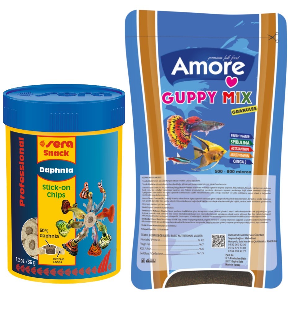 Guppy Mix Granules 45gr Poşet ve Sera Daphnia Su Piresi 100ml Kutu Tropikal Balık Yemi