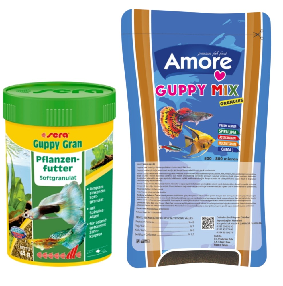 Amore Guppy Mix Granules 45gr Poşet  Ve Sera Guppy Gran 100ml Kutu Tropikal Yavru Balık Yemi