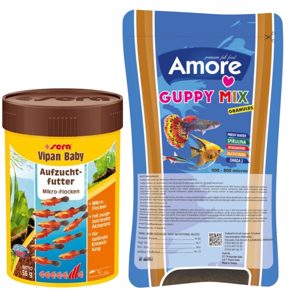 Amore Guppy Mix Granules 45gr Zippack Poşet Ve Sera Vipan Baby 100ml Kutu Tropikal Yavru Balık Yemi