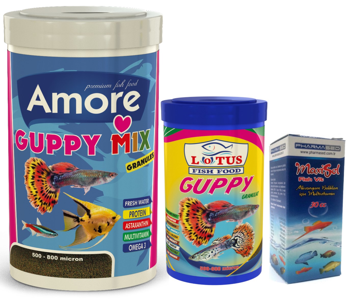 Amore Guppy Mix Granules Lepistes Moli Melek Tropikal Akvaryum Balık Yemi ve Vitamini 250+100 ml Lotus