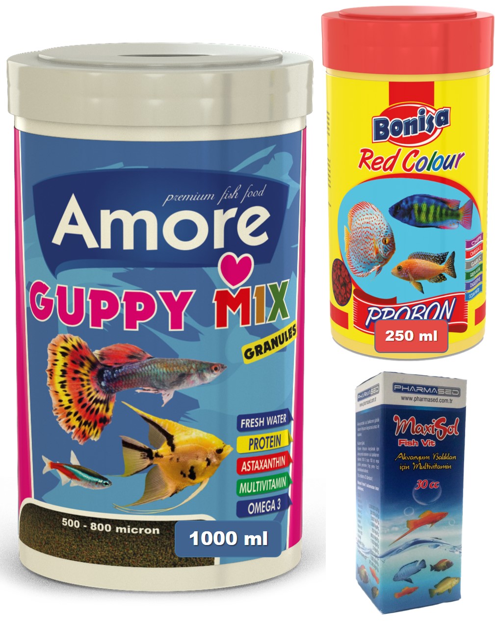 Amore Guppy Mix Granules 1 Lt ve Bonisa Red Colour Tropikal Renklendirme Yemi 250 ml ve Vitamin