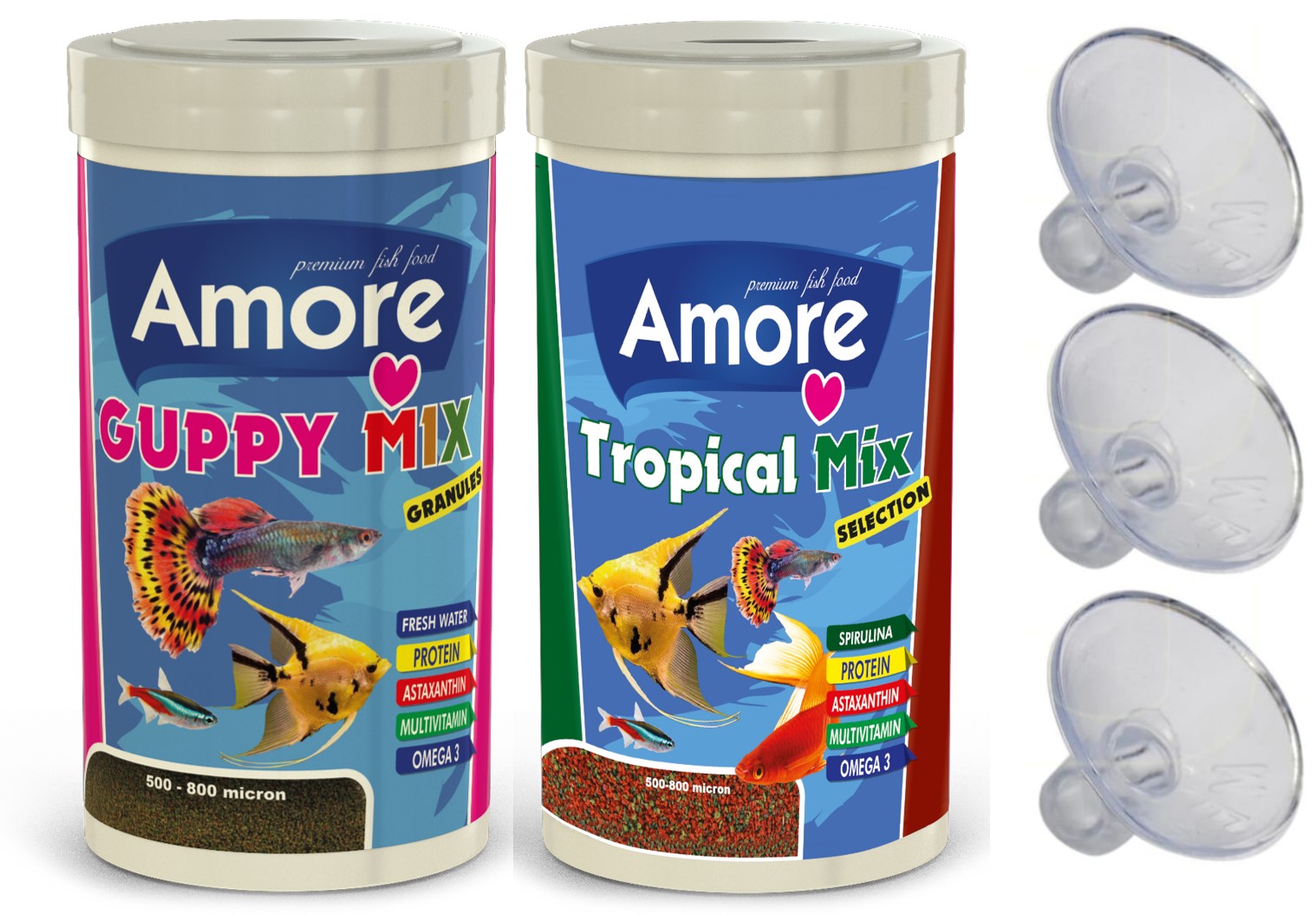 Amore Guppy Tropikal Mix Granules 2x250ml Akvaryum Balık Yemi Ve Hava Hortumu Vantuzu