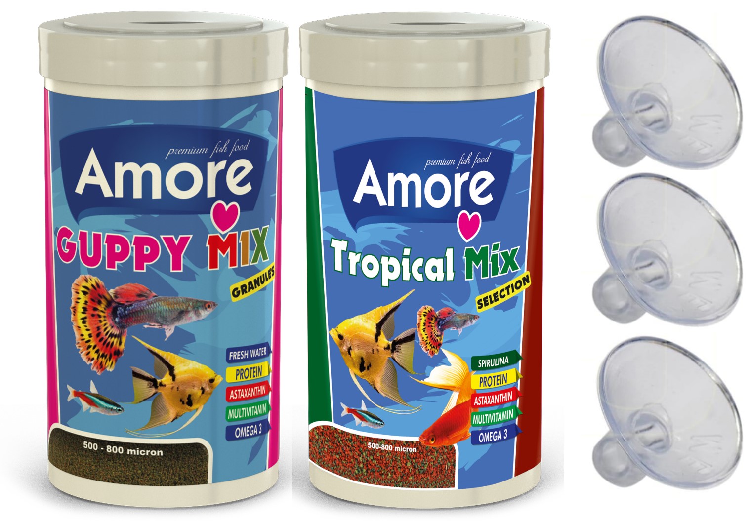 Amore Guppy Tropikal Mix Granules 2x250ml Akvaryum Balık Yemi ve Hava Hortumu Vantuzu