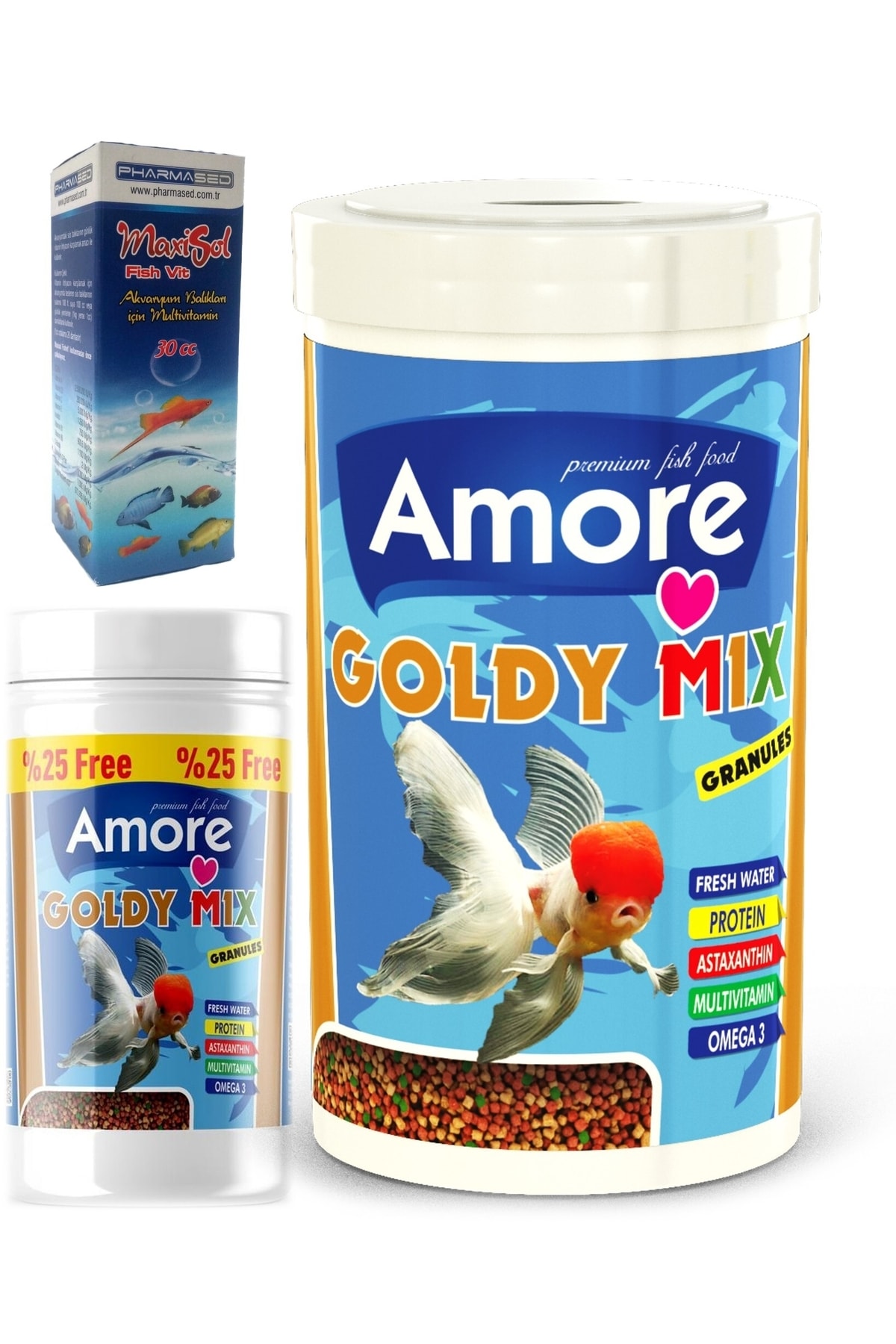 Amore Japon Baligi Yemi Mix Granules 1000 ve 125 ml Kutu ve 30 cc Vitamin Seti