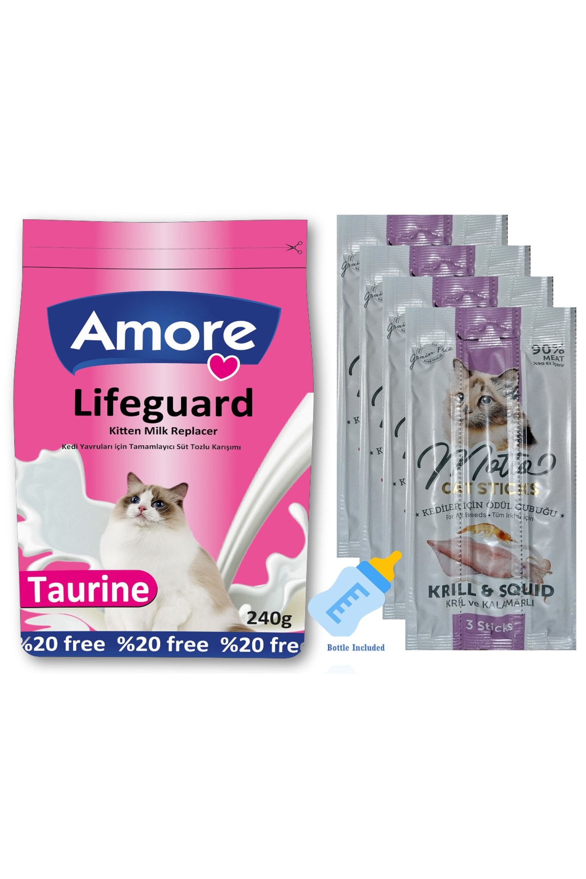 Amorecat Kedi Süt Tozu Lifeguard 240gr, Biberon, Kril Ve Kalamarlı ödül Sticks 4 Adet 3lü