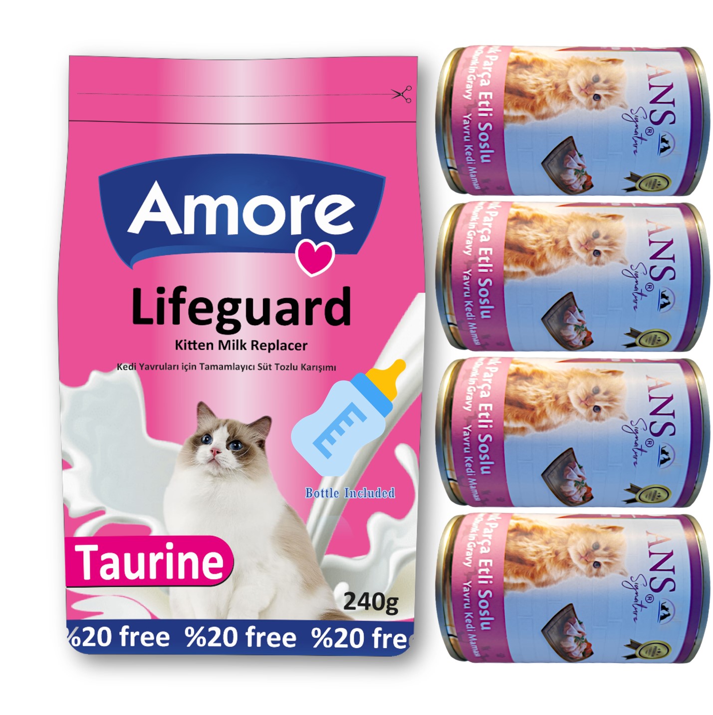 Amore Kedi Süt Tozu LifeGuard 240gr ve 4 Adet ANS Yavru Kedi Konservesi