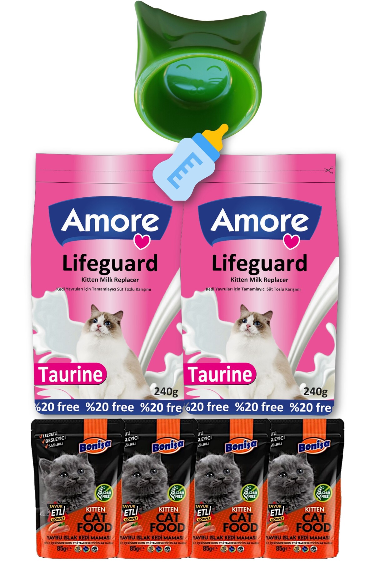 Amorecat Kedi Sut Tozu Lifeguard 2x240gr, Bonisa Kitten 4-punch, Biberon, Mama Kabi Seti