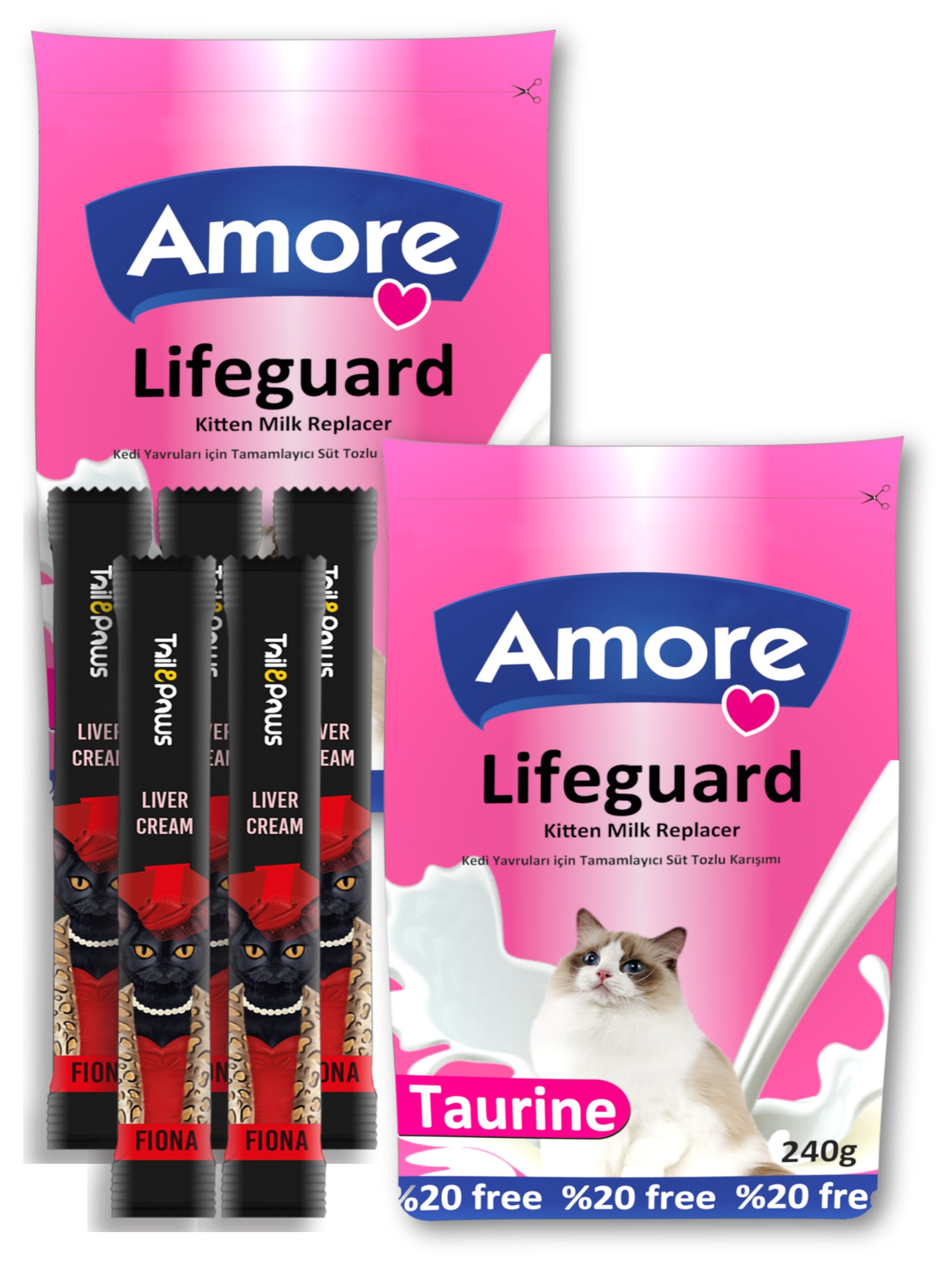 Amorecat Kedi Süt Tozu Lifeguard 2x240gr Ve Fiona Sıvı Kedi ödülü 5x15gr Hediyesi