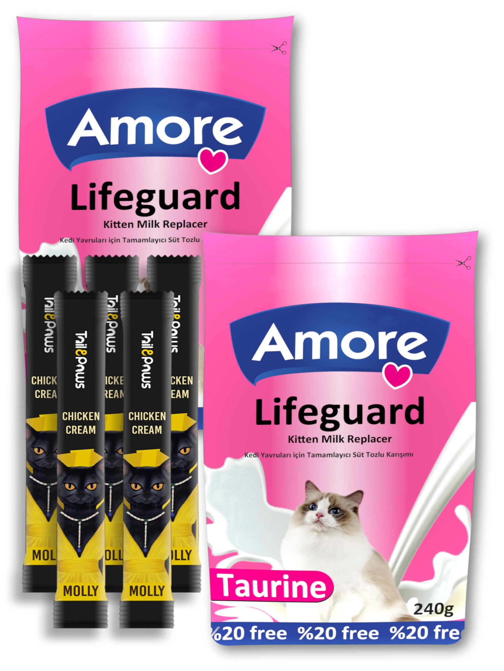 Amore Kedi Süt Tozu LifeGuard 2x240gr ve Molly Sıvı Kedi Ödülü 5x15gr Hediyesi