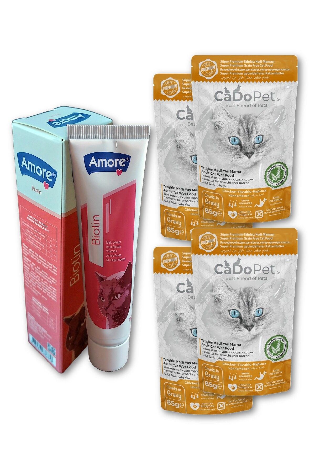 Amorecat Kedi Tüy Sağlığı 100ml Zinc-beta Glucan Maltı, Cadopet Tavuk Etli 4lü Punch ıslak Mama