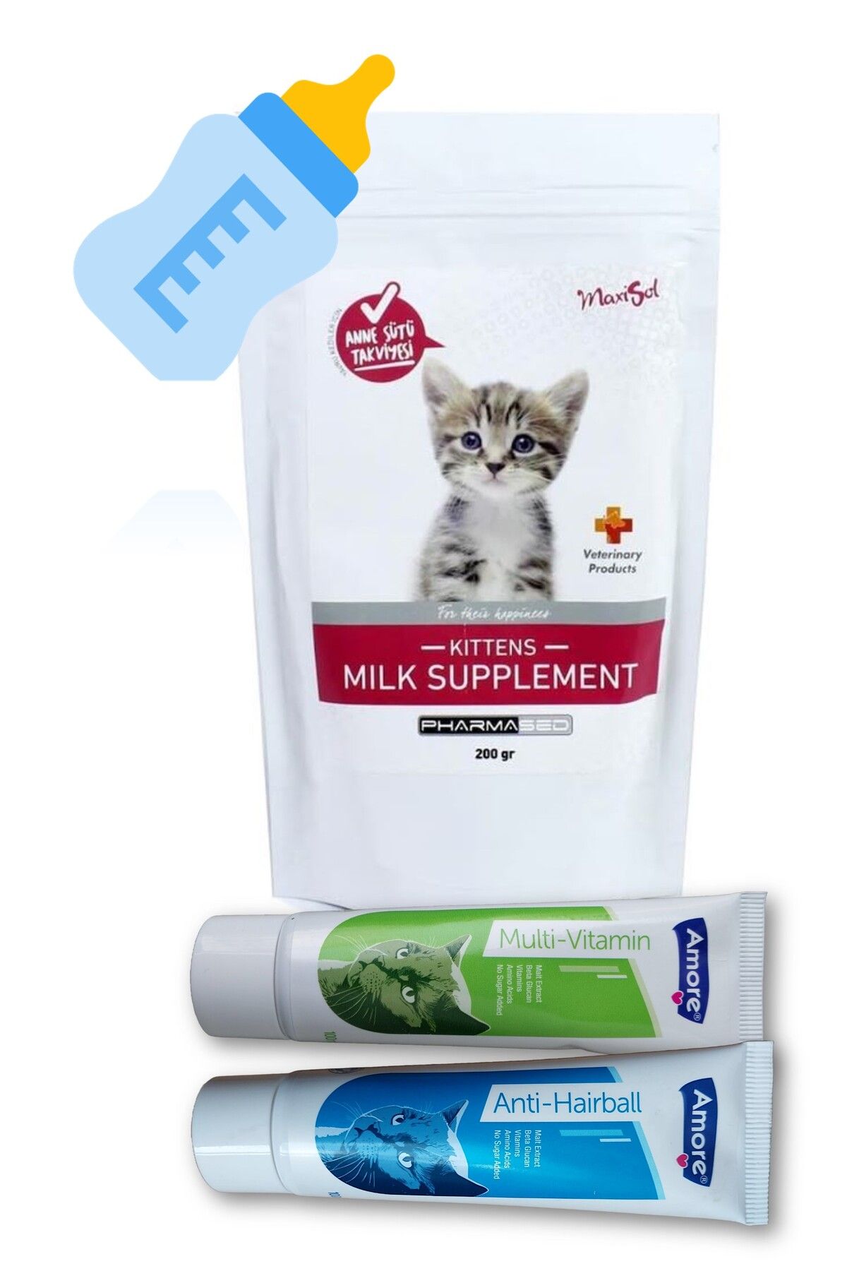 Maxısol Kedi Tüy Yumağı önleyici Malt 100ml, Multivitamin Paste 100ml, Maxisol Yavru Kedi Süt Tozu 200gr