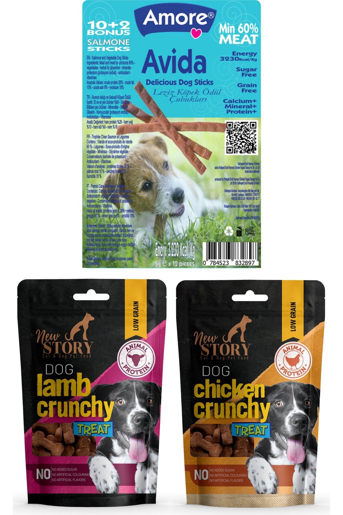 Amoredog Kemik şeklinde 2x80gr Yumuşacık Köpek ödülü Lamb-chicken Crunchy, Avida 12li Dog Salmon Sticks